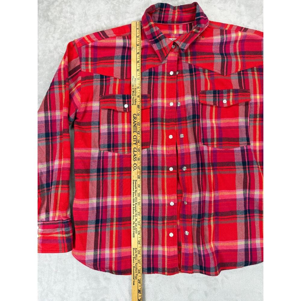 Free People We The Free Western Pearl Snap Plaid Flannel Shirt Red Large Cotton - Picture 4 of 8